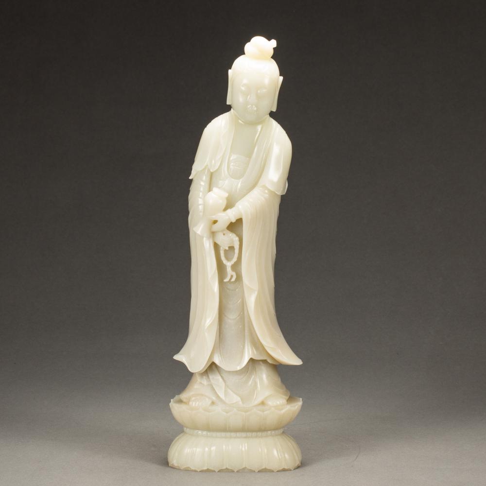 CHINESE CARVED WHITE JADE STANDING GUANYIN