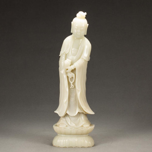 CHINESE CARVED WHITE JADE STANDING GUANYIN