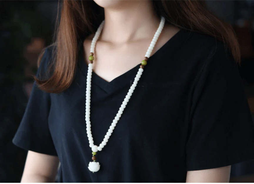 White Jade Bodhi Seed Mala - 108 Beads Bracelet/Necklace
